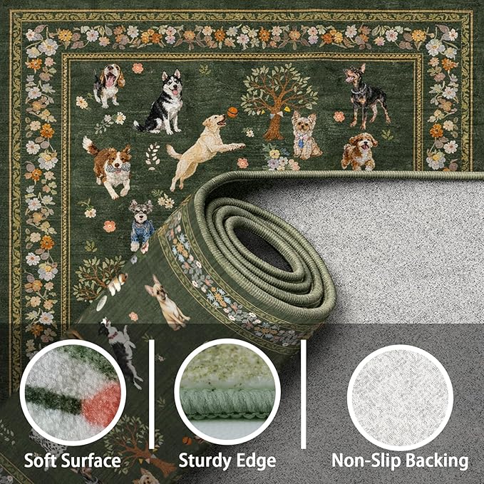 Dog Rug Runner for Entryway, 2x5 Washable Kitchen Mat Ultra-Thin Soft, Non-Slip Indoor Door Carpet Stain Resistant Boho Small Low-Pile Throw for Bathroom Bedroom, Dark Green