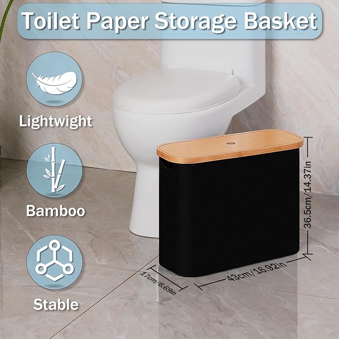 efluky Toilet Paper Storage, Toilet Paper Basket with Lid, Bathroom Storage Organizer, Free Standing Holder Up to 9 Mega Rolls, Black