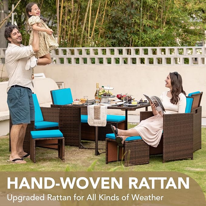 Devoko 9 Pieces Patio Dining Sets Outdoor Space Saving Rattan Chairs