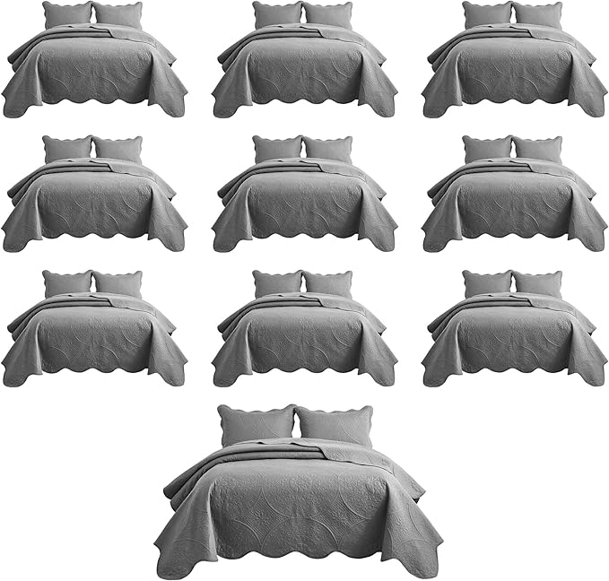 IR Imperial Rooms 10 Pack Queen Quilt Bedding Set (90" x 96") - Bulk Wholesale for Hotels, Guest Bedroom & Airbnbs - Lightweight Microfiber Reversible Floral Embossed Quilts Bedspreads (Grey)