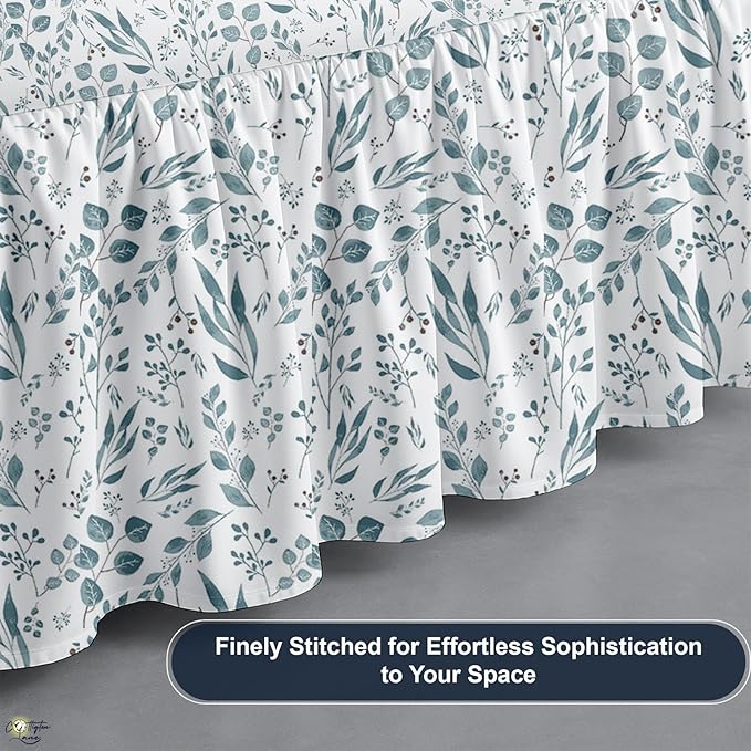 Cottington Lane Ruffled Bed Skirt Full Size with Split Corner, Brushed Microfiber Hotel Quality Dust Ruffle, 18" Drop Gathered Bedskirt, Soft, Stylish, Shrink & Fade Resistant, Tranquil Green Petals