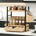 2-Tired Bathroom Counter Organizers and Storage, Bathroom Countertop Organizer with Drawer, Solid Wood Skincare Perfume Organizer for Vanity Kitchen Corner Shelf Office Countertop (Light Brown)