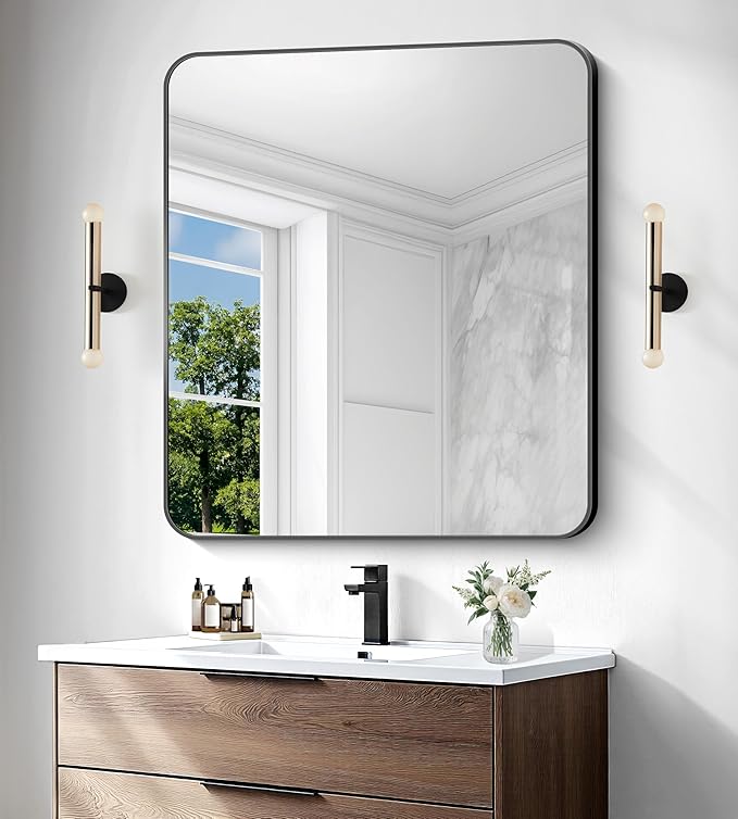 BONEWEI 36x40 inch Bathroom Mirror,Black Rectangle Mirror,Wall Mounted Bathroom Frame Vanity Mirror with Round Corner for Bedroom Living Room,Entryway Hangs Horizontal or Vertical