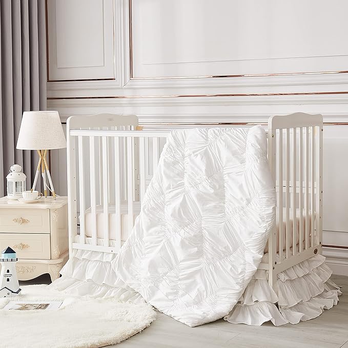 Brandream Crib Skirt Triple Layer Cotton Nursery Bed Skirt for Baby Girls Boys Toddler Bedskirt Solid White Dust Ruffle