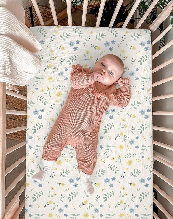 Bassinet Sheet for Baby Boy and Girl 2 Pack, Fitted Sheets for Rectangle, Oval, Hourglass Bassinet Mattress, Muslin Moses Basket Sheets with Neutral Style (Spring Garden & Sage)