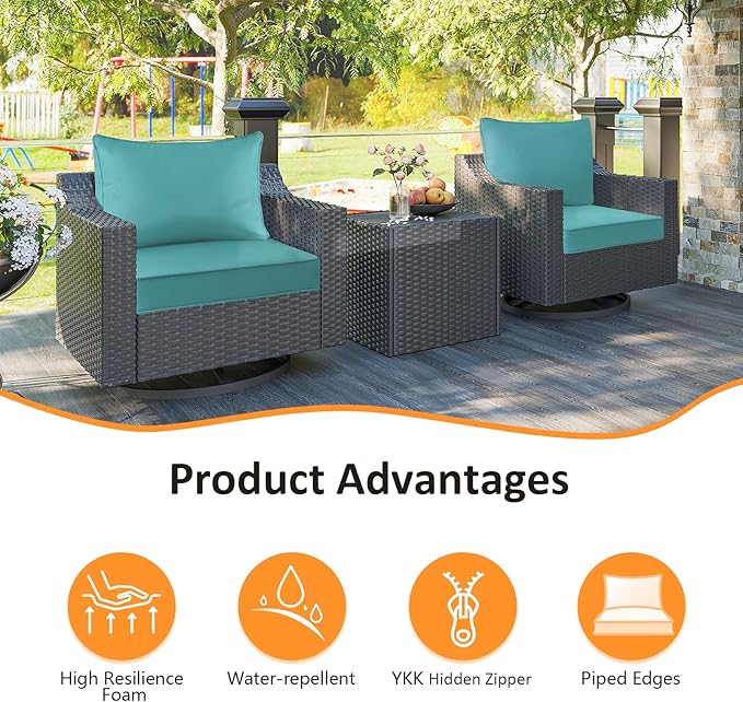 Outdoor Patio Chair Cushions Set, 24" x 24", Set of 2, Water-Repellent, Fade Resistant, Deep Seat Bottom and Back Cushion for Backyard, Couch, Sofa and Patio Furniture, Turquoise