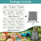 Picnic Table Cover with Bench Covers and Bag, Camping Essentials, Eucalyptus Leaves Outdoor Table Covers, Waterproof Windproof, Fitted Tablecloth Cover with Elastic Edge, 3 PCS, 30x96 Inch