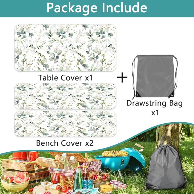 Picnic Table Cover with Bench Covers and Bag, Camping Essentials, Eucalyptus Leaves Outdoor Table Covers, Waterproof Windproof, Fitted Tablecloth Cover with Elastic Edge, 3 PCS, 30x96 Inch
