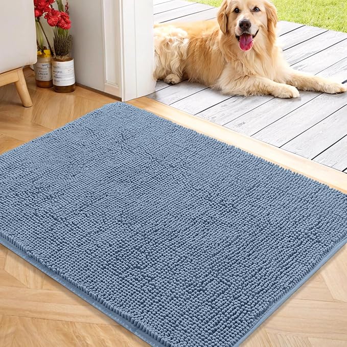 OLANLY Dog Door Mat for Muddy Paws 40x32, Absorbs Moisture and Dirt, Absorbent Non-Slip Washable Doormat, Quick Dry Chenille Mud Mat for Dogs, Entry Indoor Entryway Carpet for Inside Floor, Airy Blue