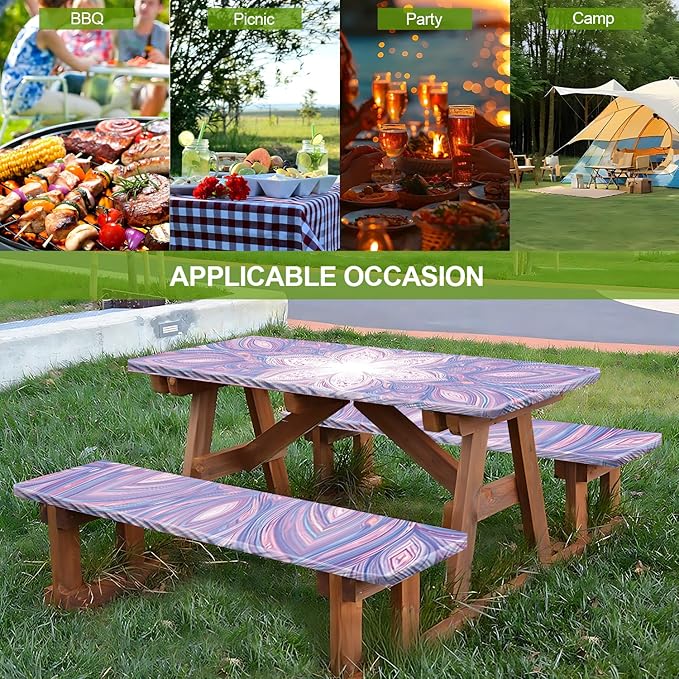 Mandala Picnic Table Cover with Bench Covers Set of 3-Purple White Ethnic Pattern,Elastic Fitted Tablecloth for 6 Ft Tables, Washable Polyester Cover for Camping, Indoor & Outdoor