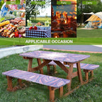 Mandala Picnic Table Cover with Bench Covers Set of 3-Purple White Ethnic Pattern,Elastic Fitted Tablecloth for 6 Ft Tables, Washable Polyester Cover for Camping, Indoor & Outdoor