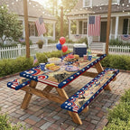 JAWO Patriotic 4th of July Picnic Table Cover with Bench Covers, Waterproof American Flag Eagle Tablecloth with Elastic Edge, Lightweight Camping Essentials for Rectangle Tables with Carrying Bag,60in