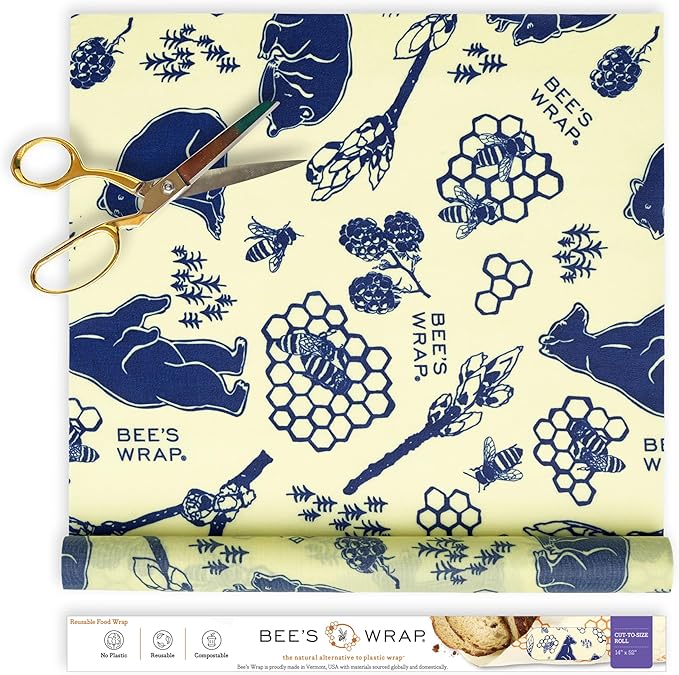 Bee's Wrap Beeswax Wraps for Food - Cut to Size 14x52" Beeswax Wrap Roll - Plastic Free Made in USA Reusable Natural Food Wrap - Bees & Bears