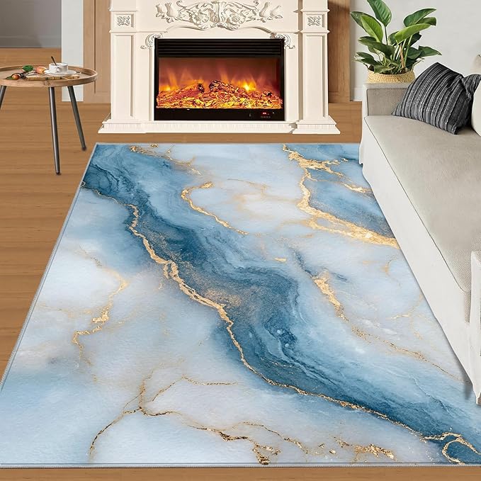 2x3 Abstract Marble Rugs for Entryway - Blue-White-Marble Small Area Rugs, Luxury Stone Pattern Laundry Room Carpet Non Slip Accent Throw Rug for Bathroom Kitchen Sink Front Door