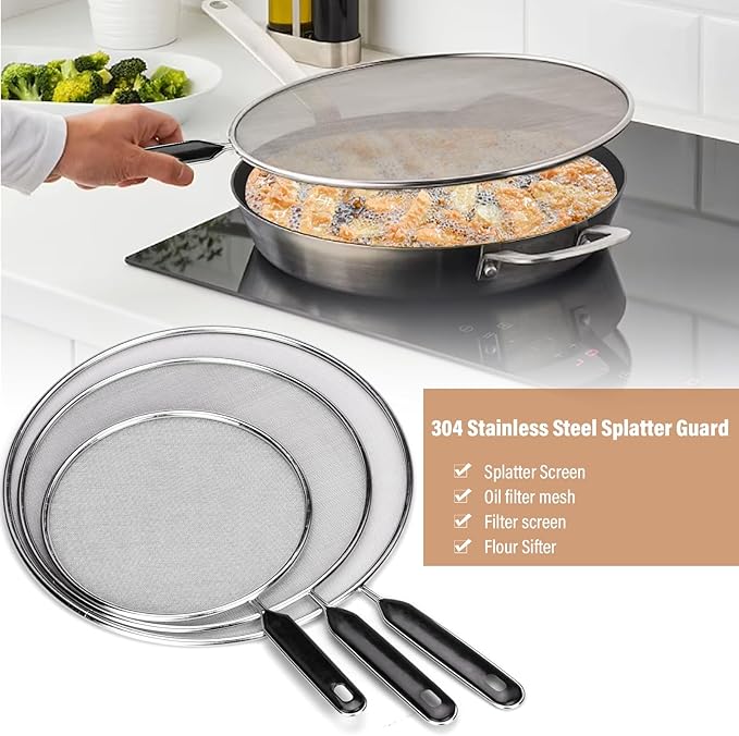 Splatter Screen for Frying Pan 13" 11.5" 9.8" Stainless Steel Fine Mesh Grease Splatter Guard with Comfort Silicone Handles and Resting Feet for Prevent Oil Splatter Safe Cooking