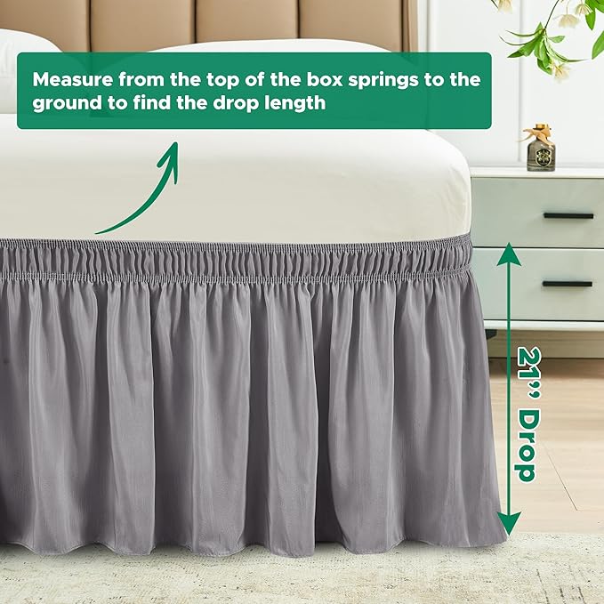 Biscaynebay Wrap Around Bed Skirts for King & Cal King Beds Extra Long Drop of 21", Silver Grey Adjustable Elastic Dust Ruffles Easy Fit Wrinkle Resistant Silky Luxurious Fabric Machine Washable