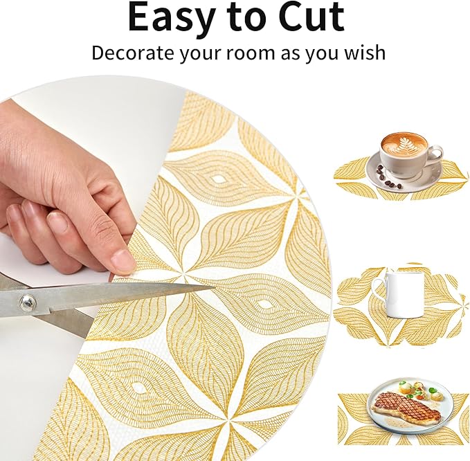 Shelf Liners for Kitchen Cabinets 12in x 30FT, Non Adhesive Cabinet Liner Strong Non-Slip Golden Leaf Drawer Liner, Easy to Clean for Shelf, Cabinet with Knife and Tape Measure