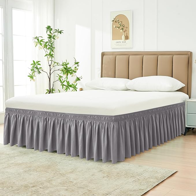 Biscaynebay Wrap Around Bed Skirts for Twin & Twin XL Beds Long Drop of 18", Silver Grey Adjustable Elastic Dust Ruffles Easy Fit Wrinkle Resistant Silky Luxurious Fabric Machine Washable