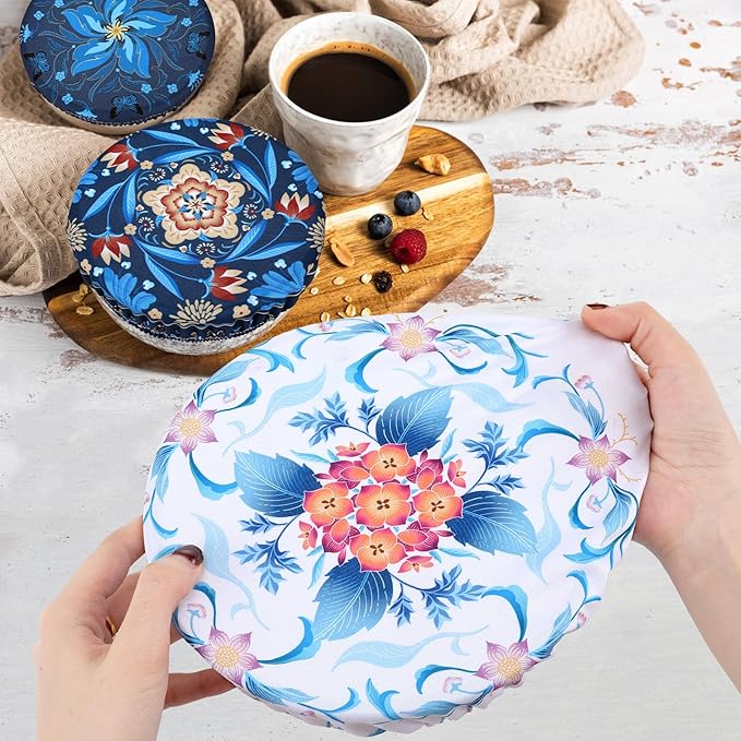 5 Pieces Bowl Covers Reusable, 5 Size Elastic Cloth Bowl Covers for Bread Proofing Food Covers Washable for Food Fruits Leftover (Blue Bird)