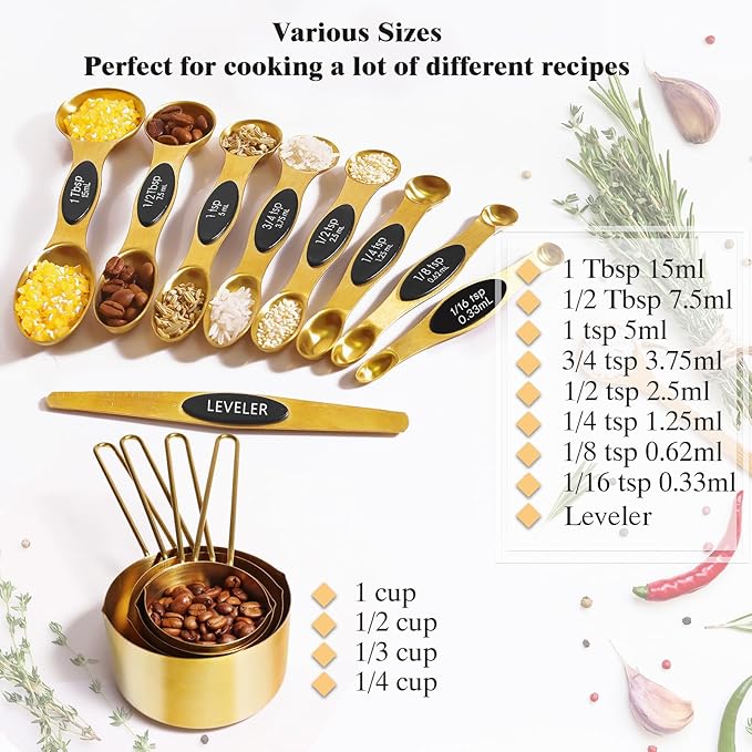 13pcs Gold Stainless Steel Measuring Cups and Spoons Set, Including 8 Double-Sided Magnetic Measuring Spoons Set & 1 Leveler, 4 Metal Measuring Cups, Kitchen Accessroies for Cooking & Baking
