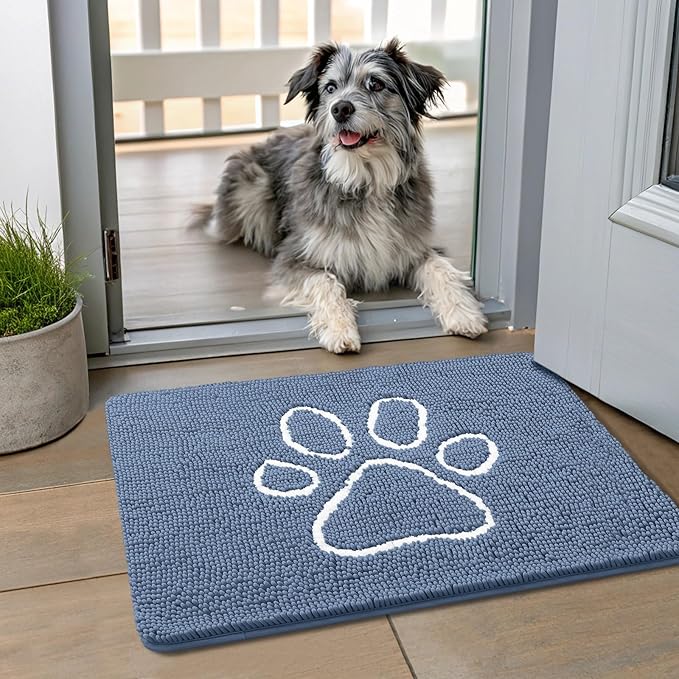 Smiry Dog Door Mat for Muddy Paws, Absorbent Dirt Trapper Non Slip Quick Dry Washable Chenille Mat for Mud Dogs, Entry Rug for Indoor and Outdoor (24x16 Inches, Airy Blue and White)