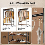 HOKEEPER Heavy Duty Rolling Clothes Rack, Metal Closet Organizer with Wood Shelves, Adjustable 70.9"-79.9" H x 39.3" W Freestanding Wardrobe for Bedroom, Max Load 450 LBS