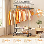 Double Rods Clothes Rack, Rolling Clothing Rack for Hanging Clothes Closet Rack with Wheels, Metal Portable Garment Rack with Double Shelves for Bedroom Laundry Living Room, Matte Black
