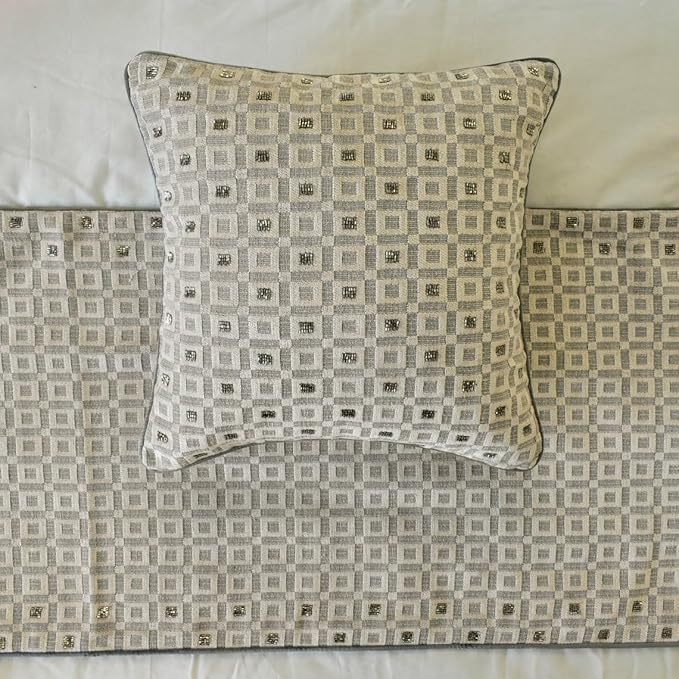 The HomeCentric King/Queen/Twin Grey Decorative Queen 74"x18" Bed Runner with Pillow Cover, Checkered, Beaded, Hand Embroidery Bed Scarf on Velvet Fabric - The Brick Effect