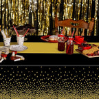 QZYL 12Pack Plastic Table Cloth Disposable, 54" x 108" Waterproof Black Table Cloths with Gold Dots, Outdoor Tablecloth for Rectangle, Table Cloth Cover for New Years Eve Decorations Holiday Birthday