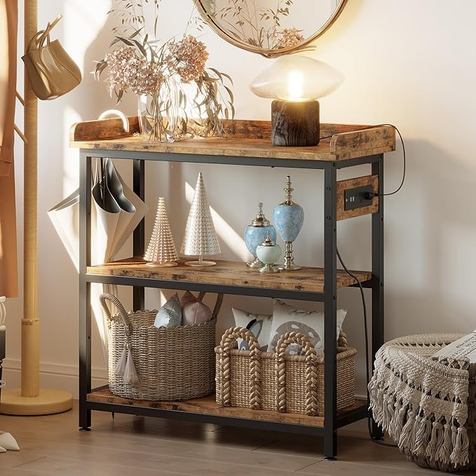 IRONCK Console Table, Sofa Table with Power Outlet, Farmhouse Hallway Table for Entryway, Living Room, Height Adjustable, Easy Assembly, Rustic Brown,32"
