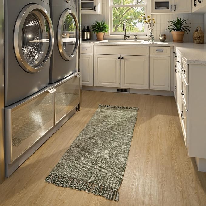 Collive Washable Runner Rugs for Hallways, 2' x 5' Natural/Green Entryway Runner Rug Soft Hand-Woven Contemporary Modern Laundry Room Indoor Carpet for Bathroom Bedroom Kitchen Front Door
