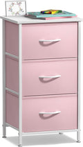Sorbus Nightstand with 3 Drawers - Bedside Furniture & Accent End Table Chest for Home, Bedroom Accessories, Office, College Dorm, Steel Frame, Wood Top, Pastel Fabric Bins (Pink)