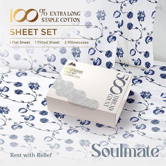 Mayfair Linen 100% Cotton Printed California King Cotton Sheets - 4 PC Cal King Size Bed Sheet Set Cotton (Floral Blue), Soft, Cooling, Sateen Weave 16" Deep Pocket Bedsheet (Fits 18" Mattress)