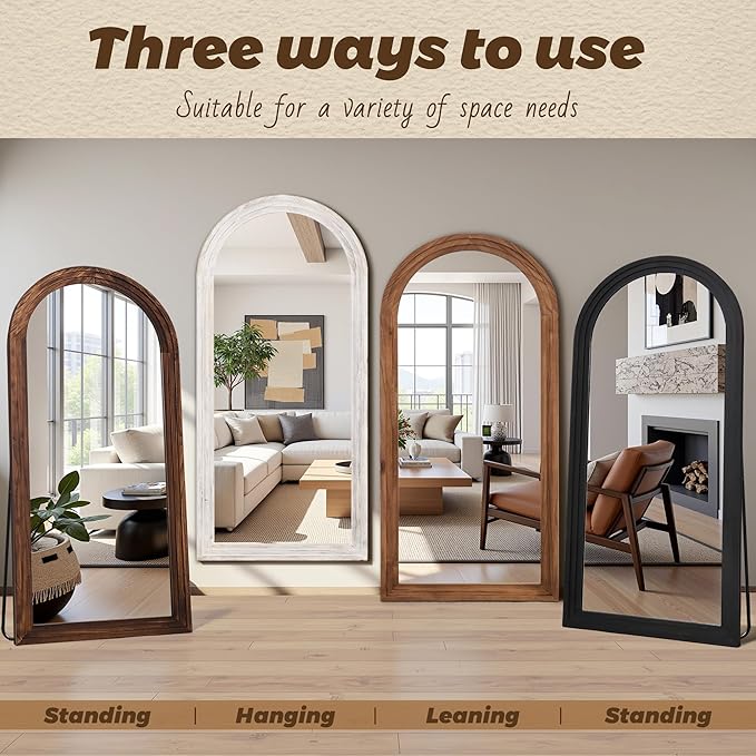 Antok Full Length Mirror with Solid Wood Frame, 76"×34" Wall Mounted Oversized Floor Mirror with Stand, Leaning Standing Hanging for Bedroom Living Room Entryway, White, Arched Syle