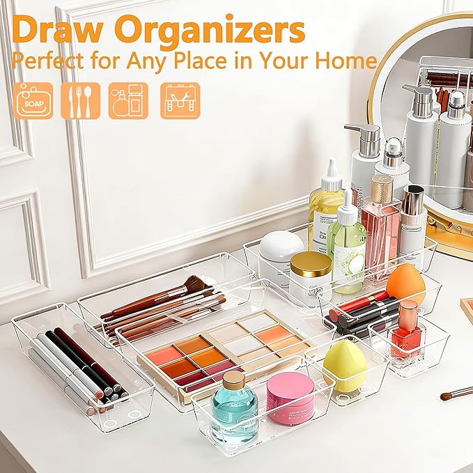25 Pcs Makeup Drawer Organizer Set, 4 Sizes Versatile Bathroom and Vanity Drawer Organizer for Makeup, Non-Slip Desk Organizer Trays for Bedroom, Office, Fits Jewelry and Office Supplies