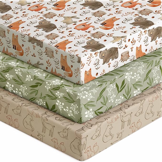 Baby Crib Sheets for Boys Girls, 28x52x8in Fitted Crib Sheet Neutral 3 Pack for Standard Crib and Toddler Mattress, Breathable Soft Microfiber Baby Sheet Green & Brown Fox