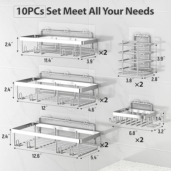 Liuoud 10 Pack Shower Caddy Organizer Rack Shelf for Inside Shower, Self Adhesive Wall Storage Basket Rustproof Stainless Steel Shampoo Holder Bathroom Accessory Decor Set, Silver