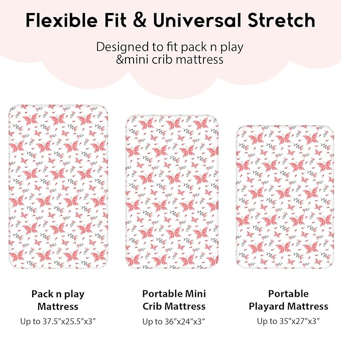 Yoofoss Pack and Play Sheets Fitted, Mini Crib Sheets 2-Pack for Pack N Play Mattress, Stretchy Playard Sheet, Soft and Breathable (Pink + Butterflies)