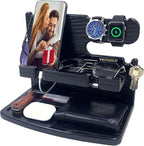 VEIYAILU Gifts for Men Dad Women Husband Boyfriend Him Nightstand Organizer for Men Wood Phone Docking Station Birthday Gifts (Black)