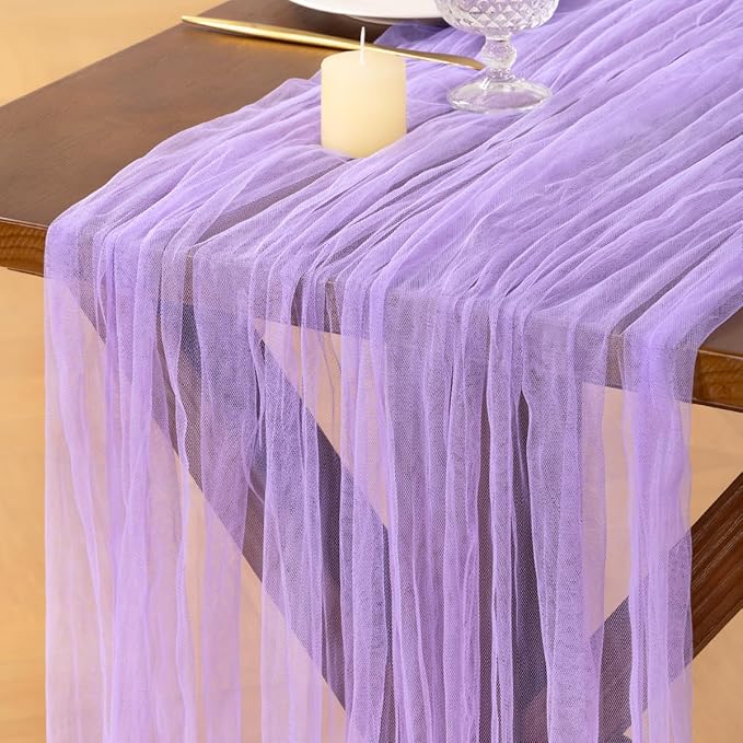 Socomi Lilac Cheesecloth Table Runner Tulle Gauze Cheese clothBoho Rustic 120 inch 10FT Runner for Wedding Party Baby Shower Birthday Holiday Decorations 3pcs