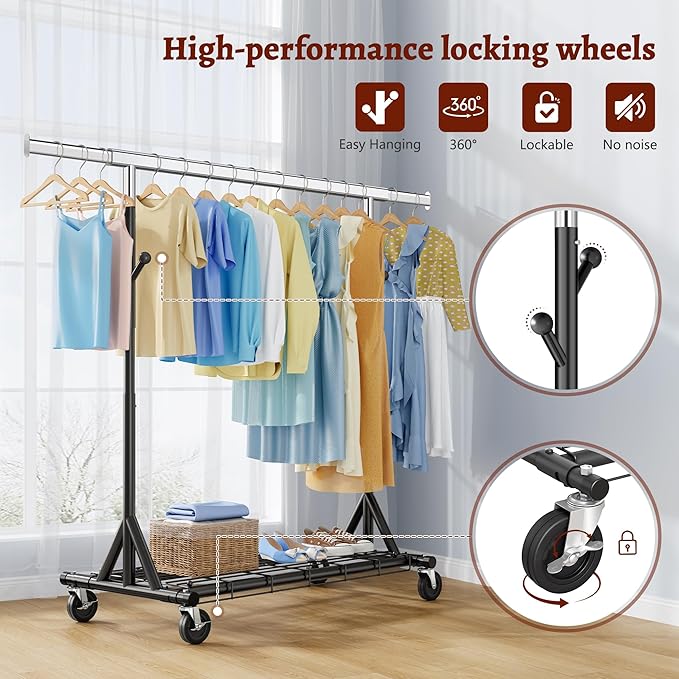 FAVOOSTY Heavy Duty Clothes Rack for Hanging Clothes, Rolling & Extending Clothing Rack with Wheels, Garment Coat Rack Freestanding, Portable Clothes Rack, Black