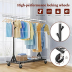 FAVOOSTY Heavy Duty Clothes Rack for Hanging Clothes, Rolling & Extending Clothing Rack with Wheels, Garment Coat Rack Freestanding, Portable Clothes Rack, Black