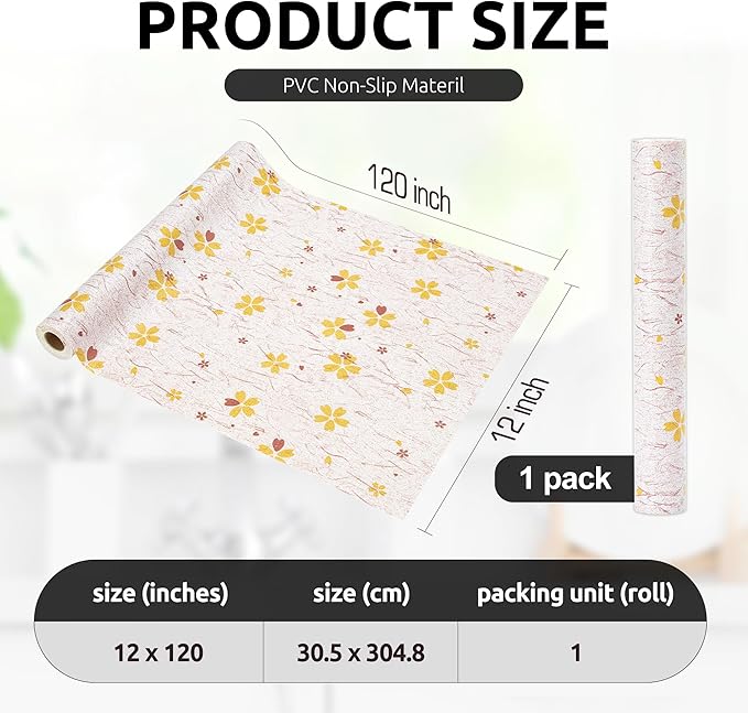 RAY STAR 12X120 Inch Shelf Liner for Kitchen Cabinets, Non-Adhesive Cabinet Liner Washable, PVC Drawer Liner for Dresser Non-Slip Bathroom (Yellow-Floral)(1 Roll)