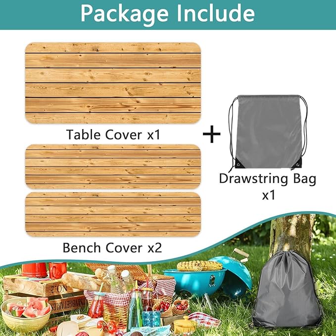 Rustic Brown Wooden Board Picnic Table Cover with Bench Covers, Farmhouse Rural Country Wood Waterproof Tablecloth for Patio Camping Indoor Outdoor Party Decorations with Drawstring Bag, 30X60in, 3PCS