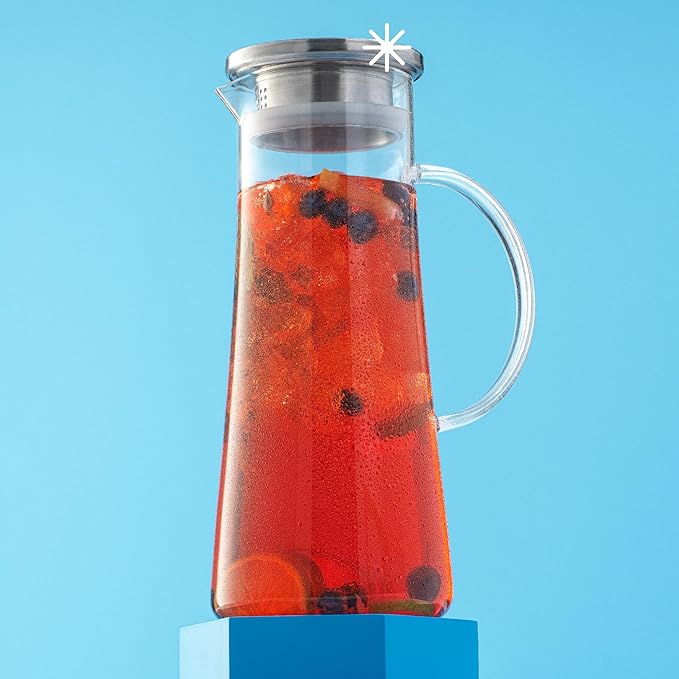 JoyJolt Glass Pitcher with Lid - 50oz Borosilicate Water Carafe, Jug with Stainless Steel Lid for Iced Tea, Lemonade, Juice, Mixed Drinks