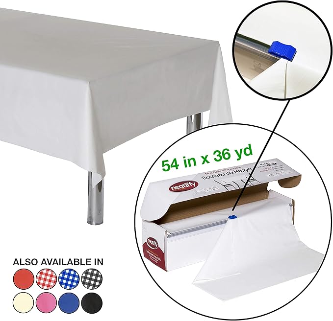 Neatiffy Disposable Plastic Table Cloth Roll | 54 in x 108 Ft Waterproof Tablecloth | Table Cover for Rectangle, Square, Round Oval Tables | Picnic, Party, Banquet, Birthdays, Weddings - White