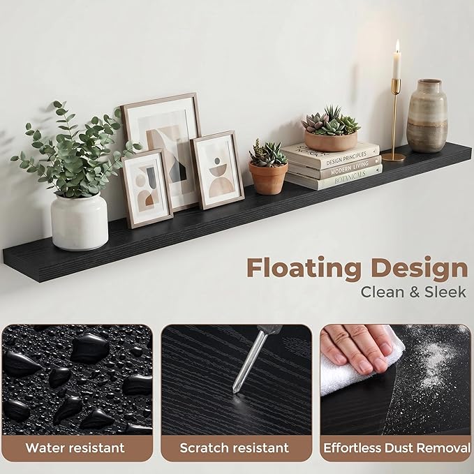Venusmiles Floating Shelves for Wall, 72 Inch Floating Shelves Set of 2, 6.5" D Wooden Wall Mounted Display Shelves with Invisible Brackets for Living Room, Bedroom, Bathroom, Kitchen Decor, Black