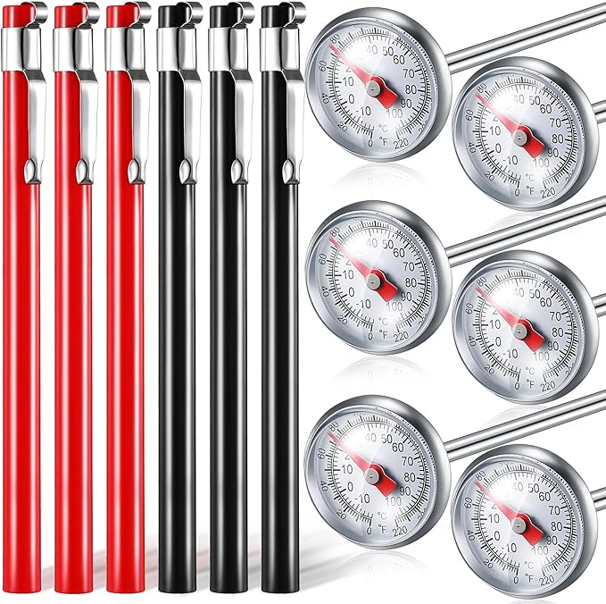 Xuhal 6 Pcs Stainless Steel Kitchen Thermometer with 5 Inch Long Stem 1 Inch Dial Thermometer Milk Frothing Food for Oven Probe Meat Grill BBQ Cooking Chocolate Water(Black, Red)