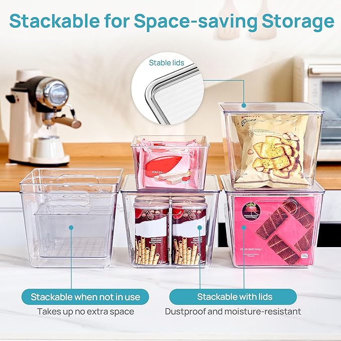 Vtopmart 4+4 Pack Clear Plastic Storage Bins Set - 4 Large Pantry Organizer Bins with Lid and Handle + 4 Medium 4-Compartment Food Storage Bins for Pantry, Kitchen, Fridge, Cabinet Organization