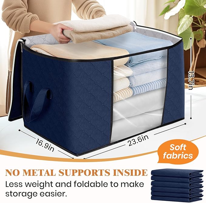 Fab totes 24 Gallons Clothes Storage,Foldable Thick Fabric Blanket Storage Bags, Containers for Organizing Bedroom, Closet, Clothing, Comforter, Organization with Handle (10 Pack,Blue)